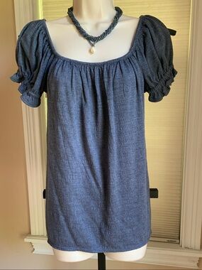 Women’s Navy Blue Peasant Top - Casual Square Neck Tee